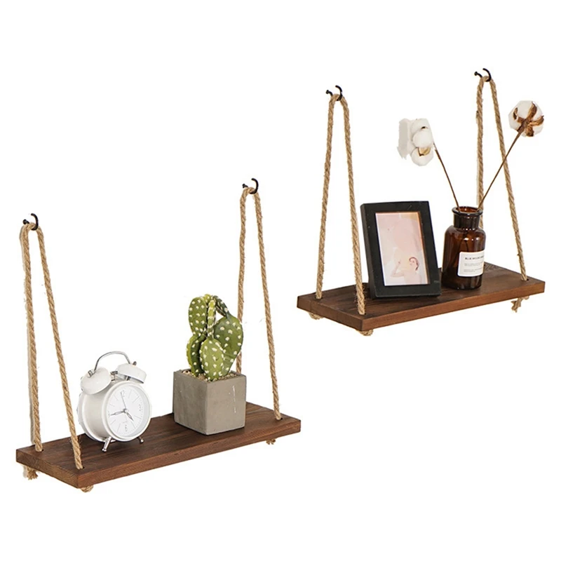 

2Pcs Hanging Rope Shelf Decorative Flower Pot Storage Rack Wall Ornament Floating Shelf For Home Office Storage
