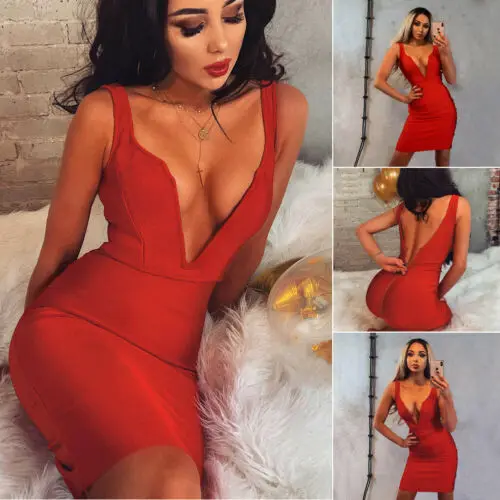 

2019 Women's Sexy Bandage Bodycon Sleeveless Evening Party Club Mini Dress V-neck