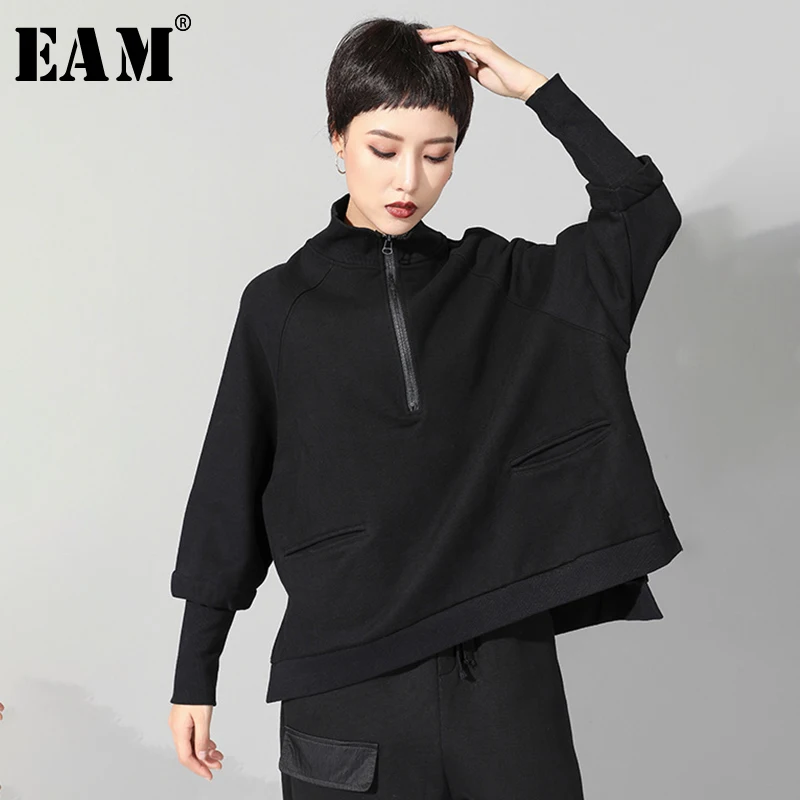 

[EAM] 2019 New Autumn Winter Stand Collar Long Sleeve Black Zipper Split Joint Big Size Sweatshirt Women Fashion Tide JQ021