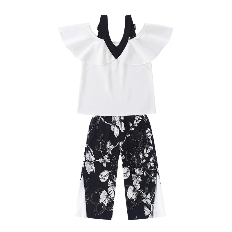 

black and white stitching chiffon printing 2pcs sets age for 3 - 12 yrs little girls summer clothes t-shirt+pants korean outfits