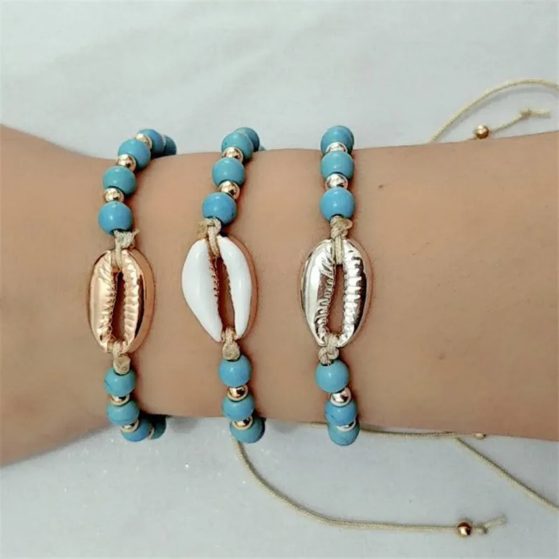 

Trendy boho gold color shell geometric bracelet Seaside handmade adjustable round bead alloy conch statement bracelet women