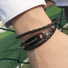 Wrap Leather Bracelet For Men Handmade Braided Multilayer Black Color Male ID Bangle Free Engraving Personalized Jewelry