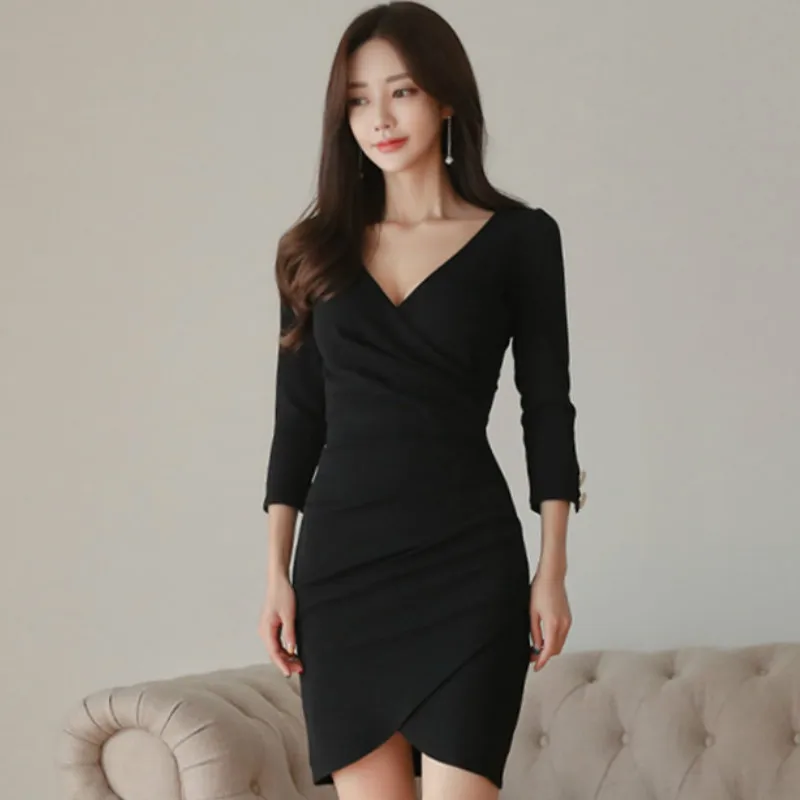 2018 Winter V Neck Black Dress 3/4 Sleeve Sheath Mini Bodycon Sexy ...