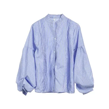 

Women Fashion lovely Shirt blouse Autumn Spring lantern long sleeve Buttons V Neck Top Plaids High street clothes Size S M L XL