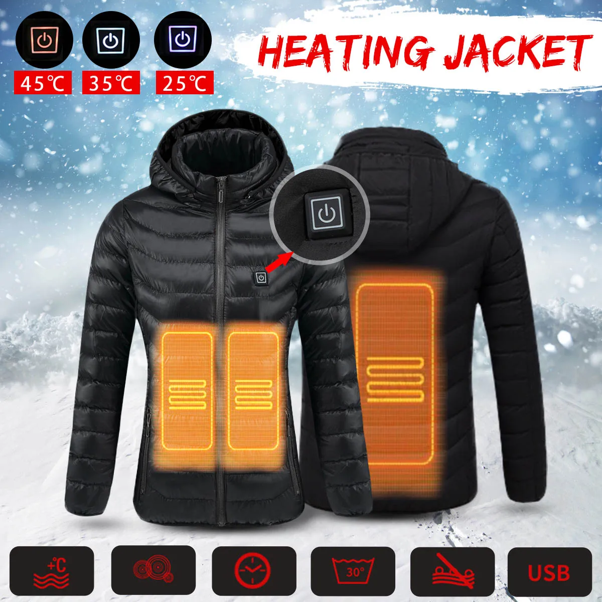 

Women Heated Cloth Heating Jacket Winter Thermal Warm Hooded Heating Clothing USB Constant Temperature Waterproof Coat
