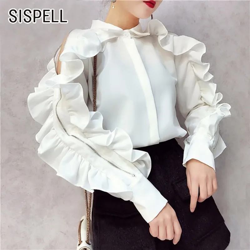 

SISPELL Spring Casual Shirts For Women Lapel Butterfly Sleeve Button Zipper Off Shoulder Female Blouse Fashion New Tide 2019