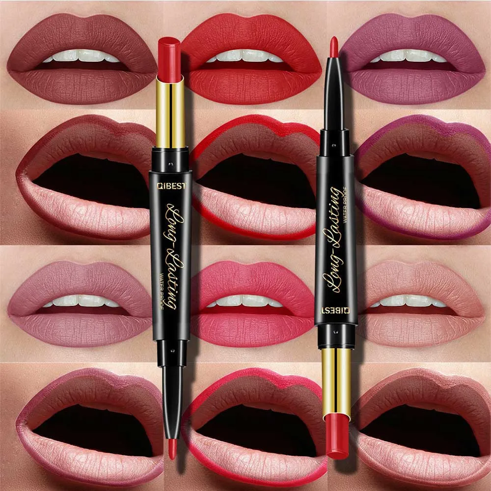 

Double-end Lip Makeup Lipstick Pencil Waterproof Long Lasting Tint Sexy Red Lip Stick Beauty Matte Liner Pen Lipstick 15 Color