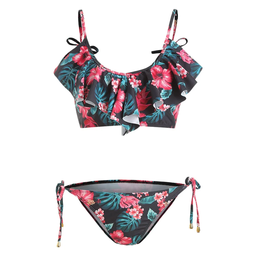 

Sexy Bikinis Set Tropical Print Ruffled String Padded Bikini Set Low Waisted Swimwear Swimming Bathing Suit