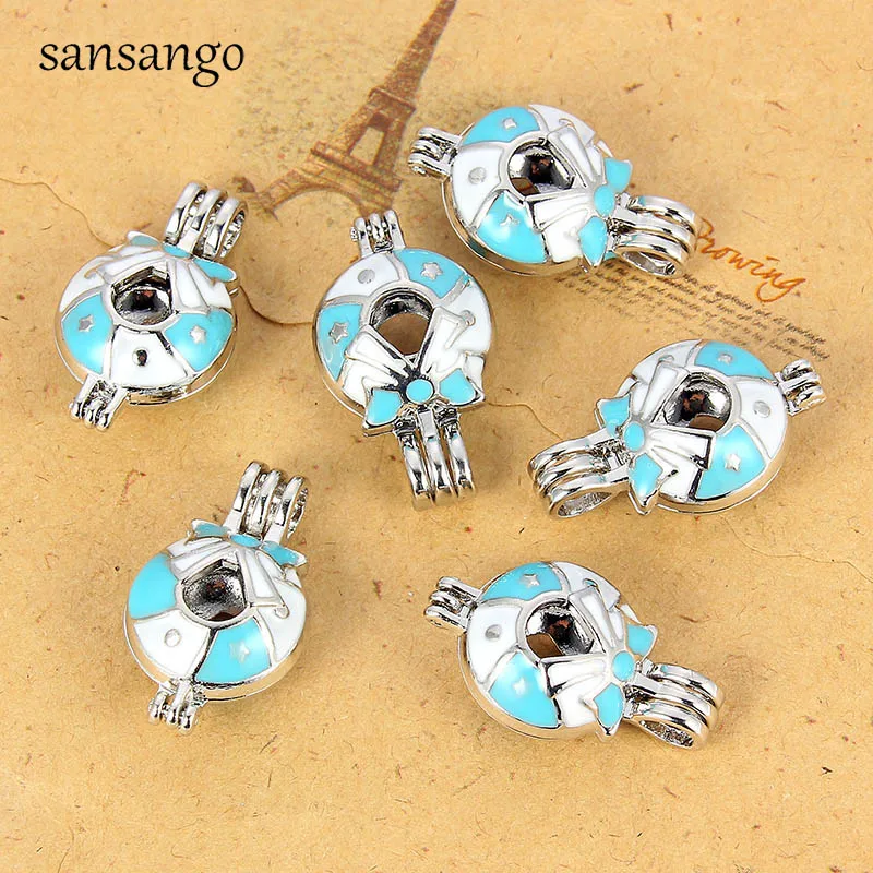 

5 Pcs White K Blue Bowknot Shape Alloy Enamel Locket Pearl Cage Pendant For Making Charm Necklace Bracelets Essential Diffuser