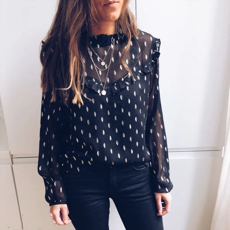 

Summer Women Chiffon Long Sleeve Turtleneck Blouse Casual Shirt Pullover Loose Tops