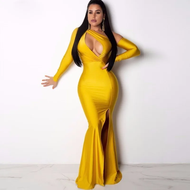 

Sexy Reflective Celebrity Dresses Fron Hollow Out Special Occasion Dresses Deep V Neck Long Sleeve Party Dress Women Vestidos