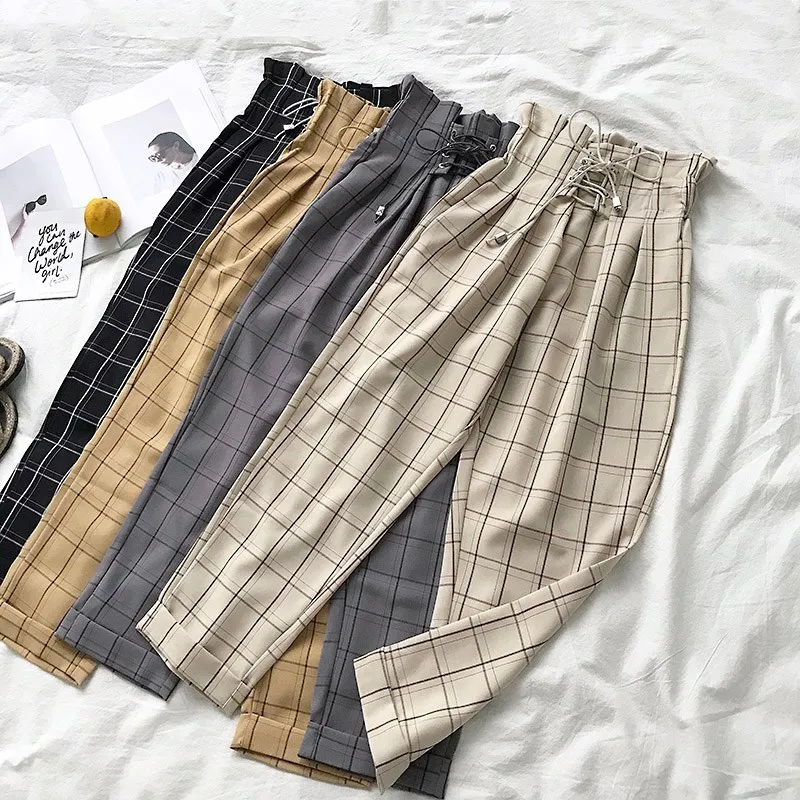 Japanese Harajuku Plaid Casual Pants Women 2019 Fashion Lace Up High Waist Loose Harem Pants Japanese Harajuku Plaid Casual Pants Women 2019 Fashion Lace Up High Waist Loose Harem Pants
