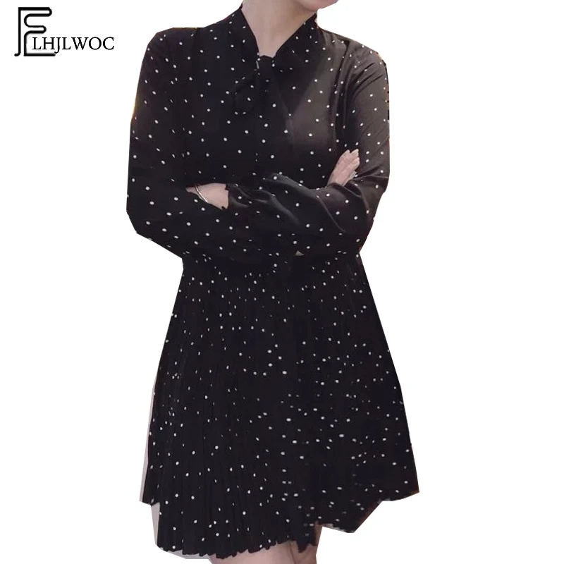 

2019 Spring Cute Mini Dress Hot Women Long Sleeve Slim Waist A Line Sweet Girls Black Chiffon Vintage Bow Tie Shirt Dress 4912