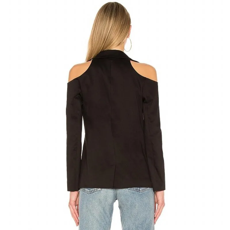 MINSUNDA Black Cold Shoulder Single Button Blazer Ladies Workwear Women Pocket Front Blazers And Jackets Notched Casual Outwear
