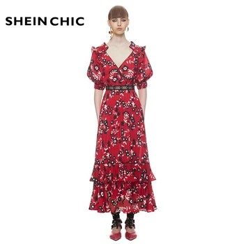 

Designer Runway Dress 2019 Women New High end V-Neck Floral Print Pleated Elegant Long Dress Vacation Boho Beach Dress