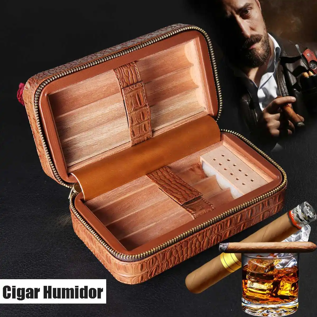 Brown Leather Cedar Wood Lined Cigar Humidor Humidifier Travel Storage Case Set Fit for 6 Cigars Christmas Box 195x105x73mm