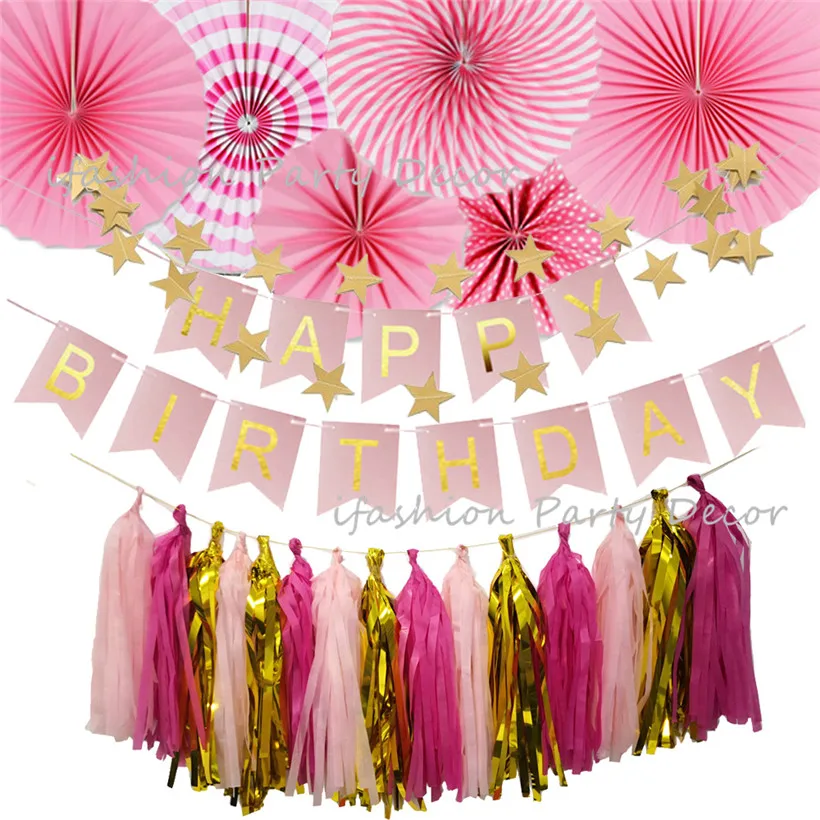 

First Birthday Girl Party Decoration Supplies Bunting Banner Paper Fan Set Tassel Garland for First Communion Decoration Wedding