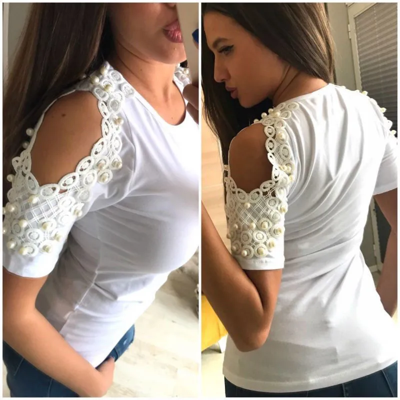 

Elegant Beading Off Shoulder T-shirt Women Short Sleeve Summer Solid Lace Cotton Tops Casual Tee Shirt Femme