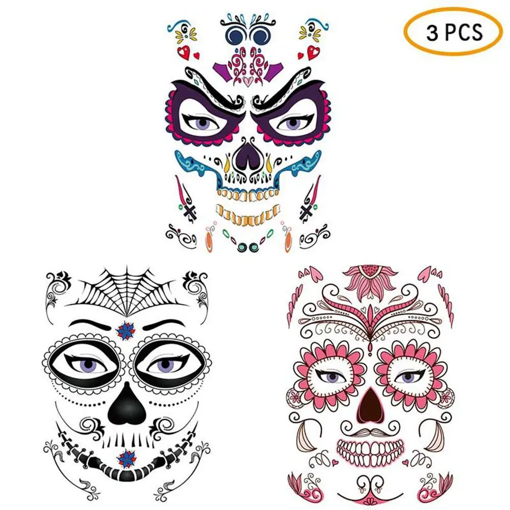 

3pcs Temporary Tattoo Stickers Day of The Dead Skull Face Halloween Cool Facial Beauty Tattoo Waterproof Party Masquerade Decor