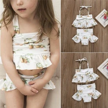 Летний купальный костюм для девочек, Детский комплект бикини с цветочным принтом и бантом, детская пляжная одежда для маленьких девочек, пляжная одежда для детей, купальный костюм из двух предметов