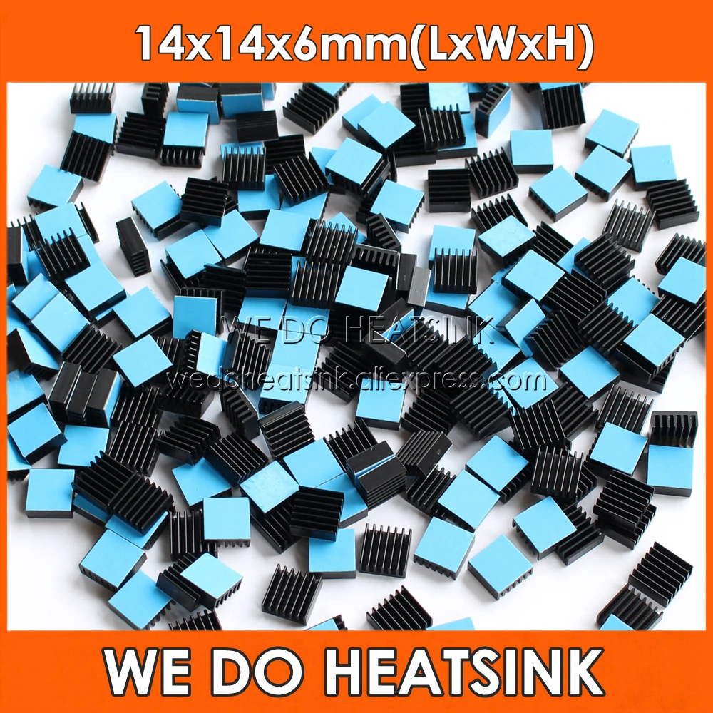 

50pcs 14x14x6mm Black Aluminum Radiators Cooler Aluminium Heatsink For Ram Chips IC With Blue Thermal Pad Sticky WE DO HEATSINK