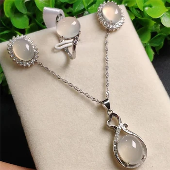 

Koraba 3pcs 925 Sterling Silver Natural White Jade Gemstone Pendant Necklace Bracelet Earrings Women Jewelry Set