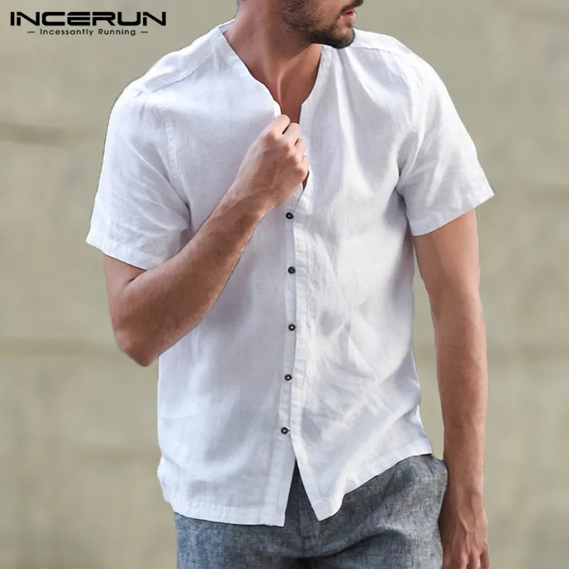 INCERUN 2020 Casual Brand Shirt Men Breathable V Neck Cotton Button Fitness Solid Short Sleeve Shirt Men Camisa Streetwear S-5XL