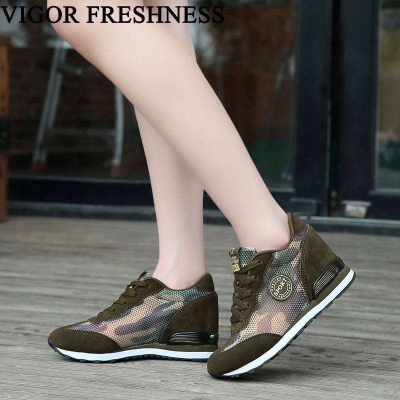 

VIGOR FRESHNESS Women Shoes Platform Pumps Camo Sneakers Ladies Vulcanized Shoes Woman Height Increasing Mesh Hidden Heels S31