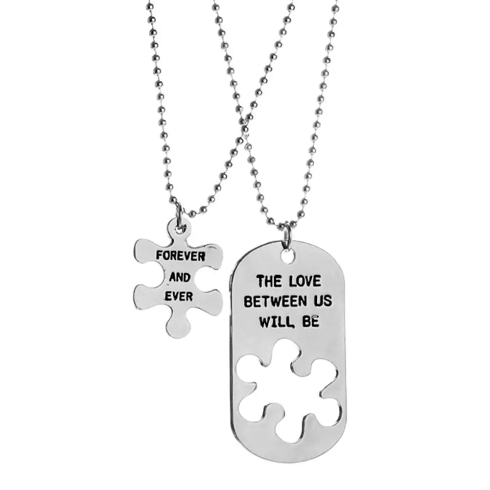 

Wholesale 2Pcs Chic Letters Print Stitch Pendant Couple Lover Puzzle Necklace Jewelry