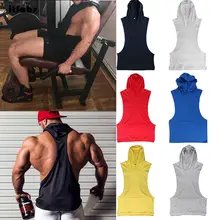 Мужская майка без рукавов летняя однотонная с капюшоном Повседневная майка футболка Бодибилдинг Спорт фитнес жилет