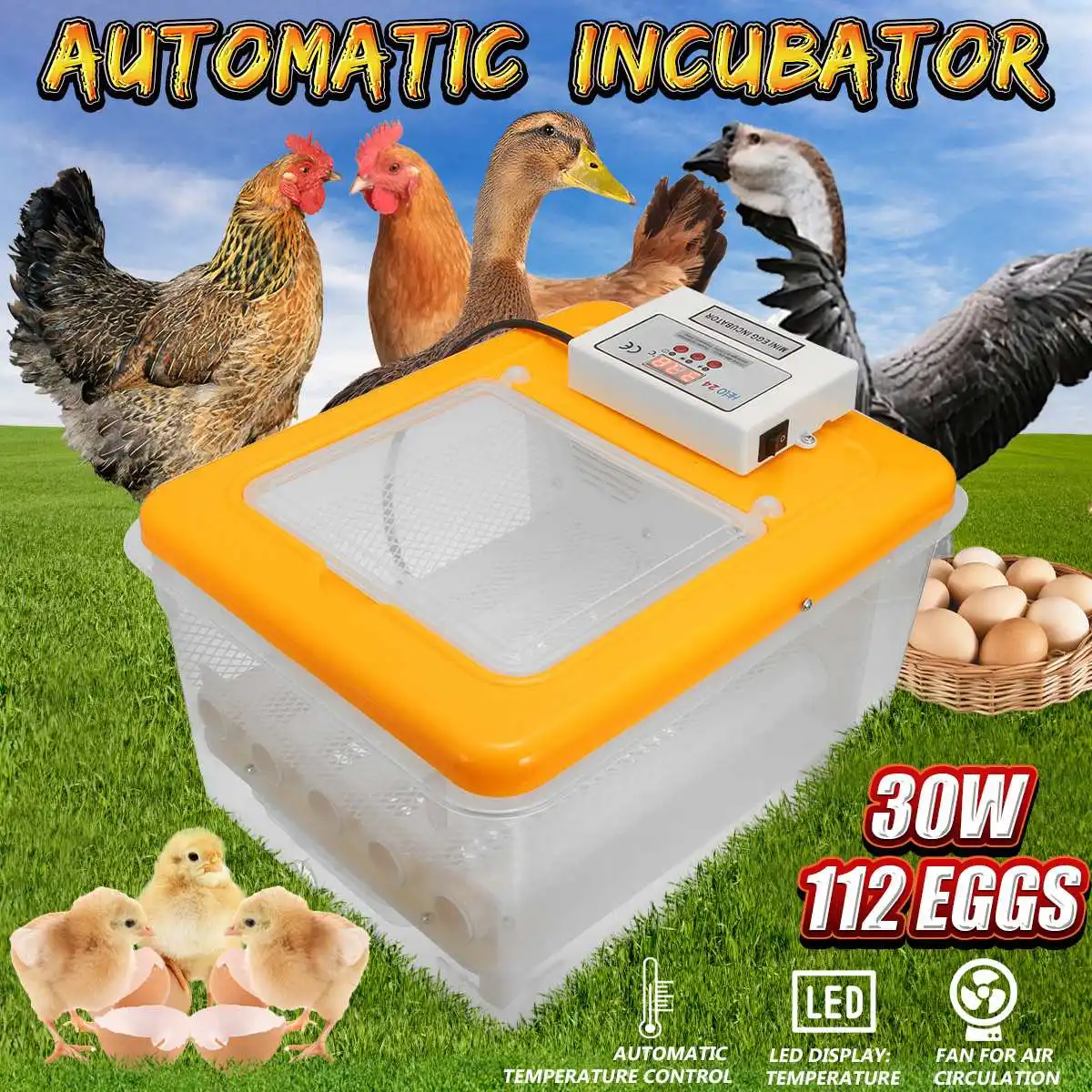 

12 Eggs Automatic Turning Incubator LED Digital Temperature Control Eggs Hatcher For For Chicken Duck Eggs 220V 30W