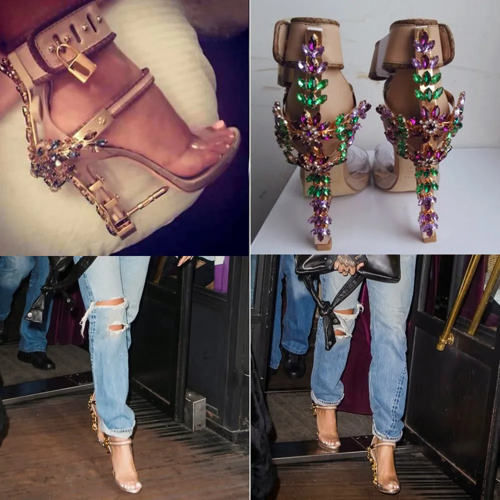 

Hot Selling European Design Colorful Crystle Spiked High Heel Sandals Lock Buckle Peep Toe Women Sandals Summer Shoes