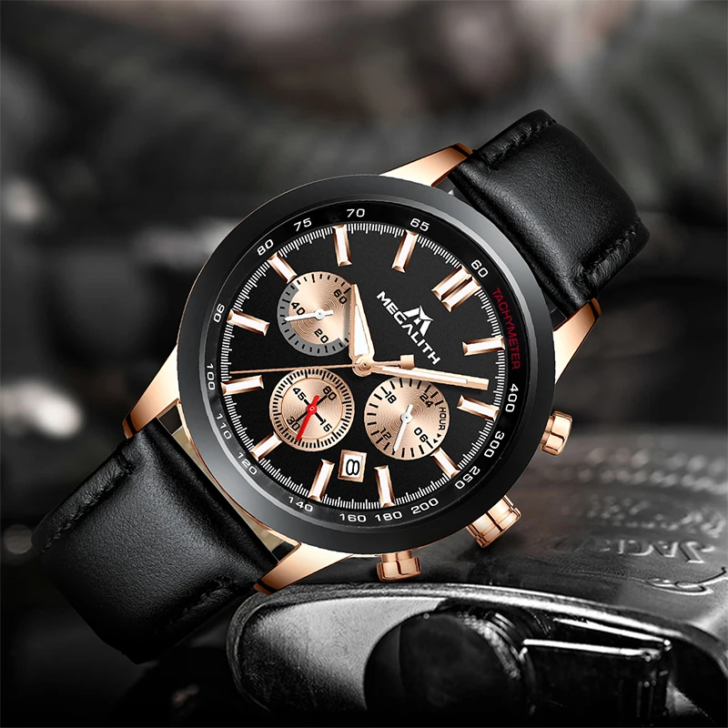 

MEGALITH Fashion Men Watches Chronograph Functions Sport Quartz Watch Men Waterproof Black Leather Strap Wristswatch Male Clock