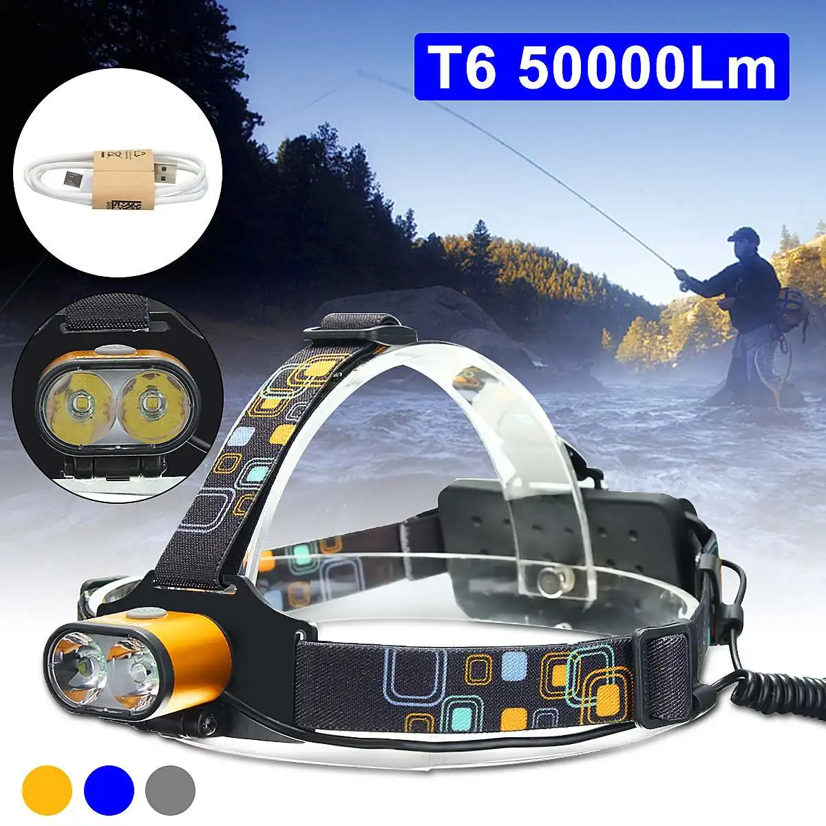 15000 Lumens LED Headlamp Waterproof Fishing Headlight USB Rechargeable Head Light Use 2*18650