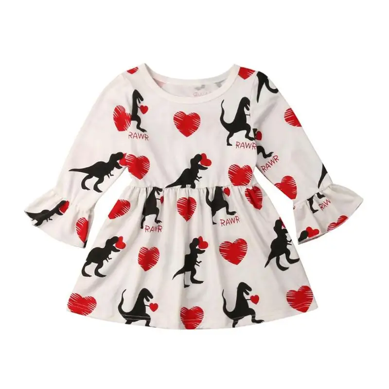 

Girls Dinosaur Heart Print Dress Valentine Day Flare Sleeve Princess Dress