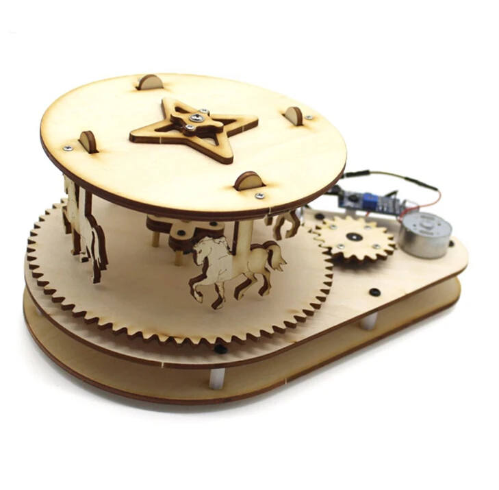 

Wood Assembly Material Physical Science Toy Creative DIY Merry-Go-Round Kids Voice Control Electric Motor Experiment Educational