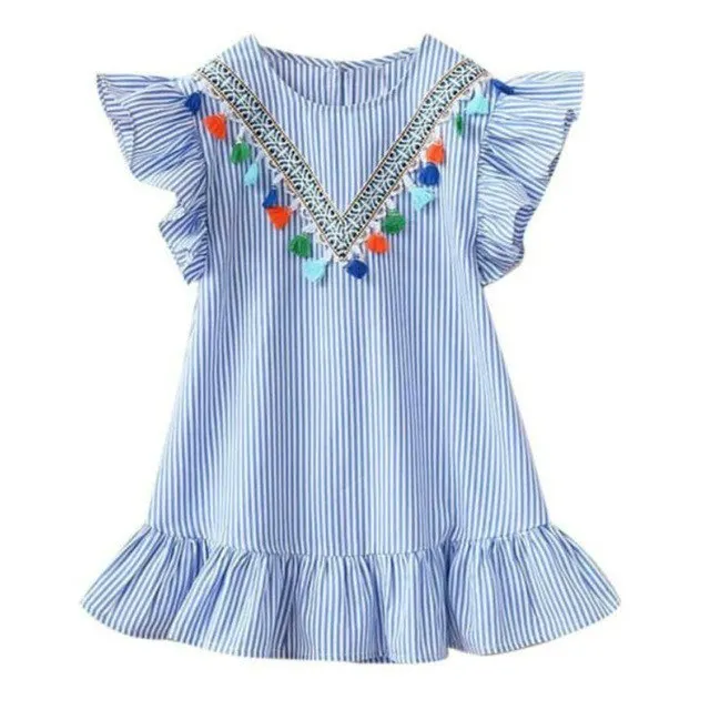 

Girls' Dresses 2018 Spring Summer Wear Children's New Cotton A Word Dresses Girls' Shoulders Baby A Dress Striped Dress Sling.