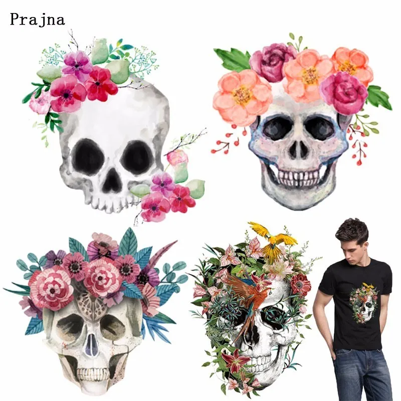 

Prajna Punk Skull Vinyl Heat Transfer Flower Human Skeleton Smile Transfer For Cloth DIY Rock Biker Poker Style Barman Patch F
