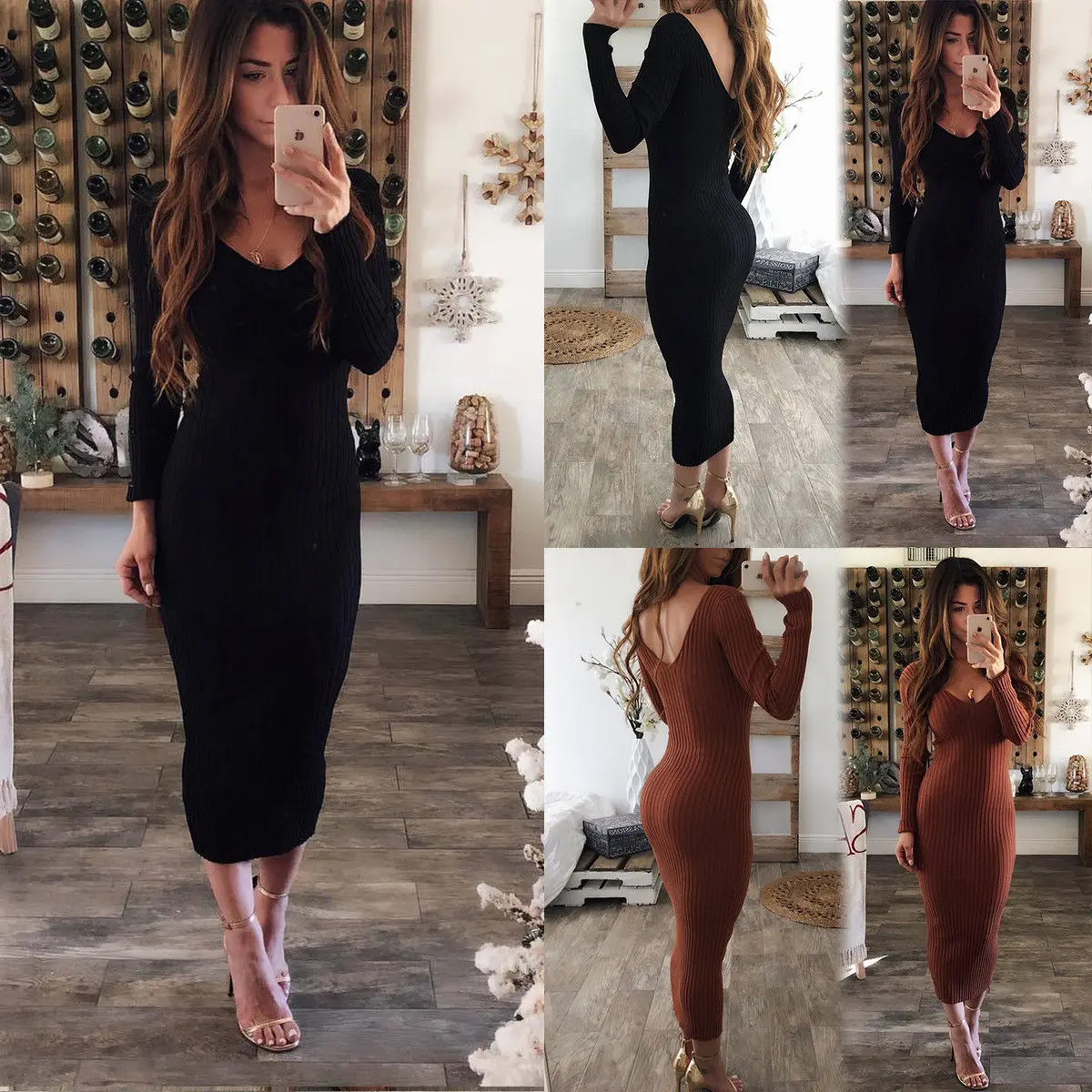 

hirigin Fashion Women Autumn Winter Knitted Bodycon V Neck Midi Dress Long Sleeve Casual Solid Pencil Party Dress