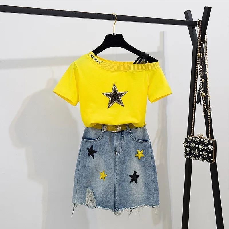 

2019 Summer Women Suits Fashion Sequined Stars Slash Neck T-shirt Top+Embroidery Star Tassel Denim Skirt Two Piece Set With Belt