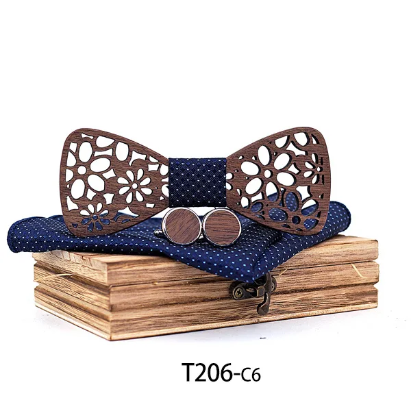 

2019 new 4 piece wooden tie handkerchief cufflinks fashion wooden bow tie suit wedding dinner hollow carved hand-made