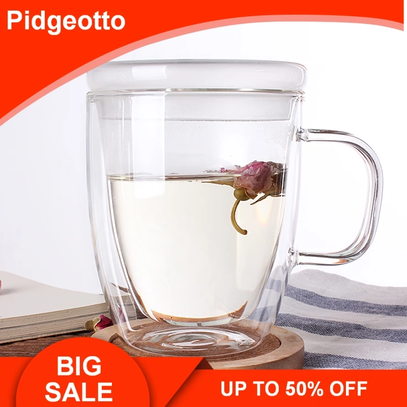 

400ml Double Walled Glasses heat-resistant High-temperature Cup Simple Translucent Floral Tea Cup Lightweight office glass cover