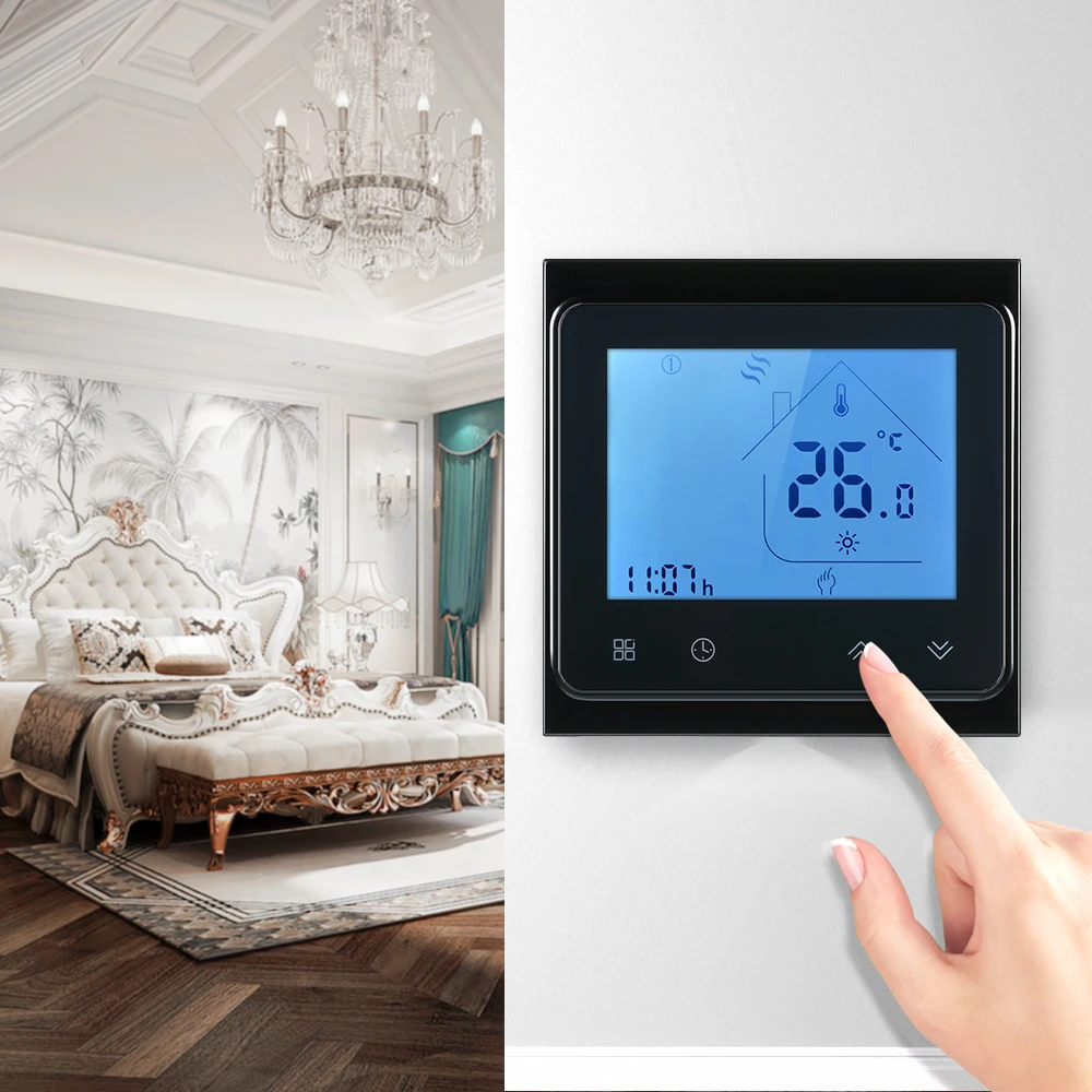 

BHT-002GC Dry Contact Gas Boiler Heating Thermostat Touchscreen Weekly Programmable Energy Saving LCD Temperature Controller