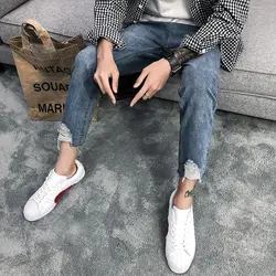 Новые летние модные Молодежные стиль небольшой свежий и изысканный корейские модели нерегулярные дырявые прямые джинсы мужские штаны