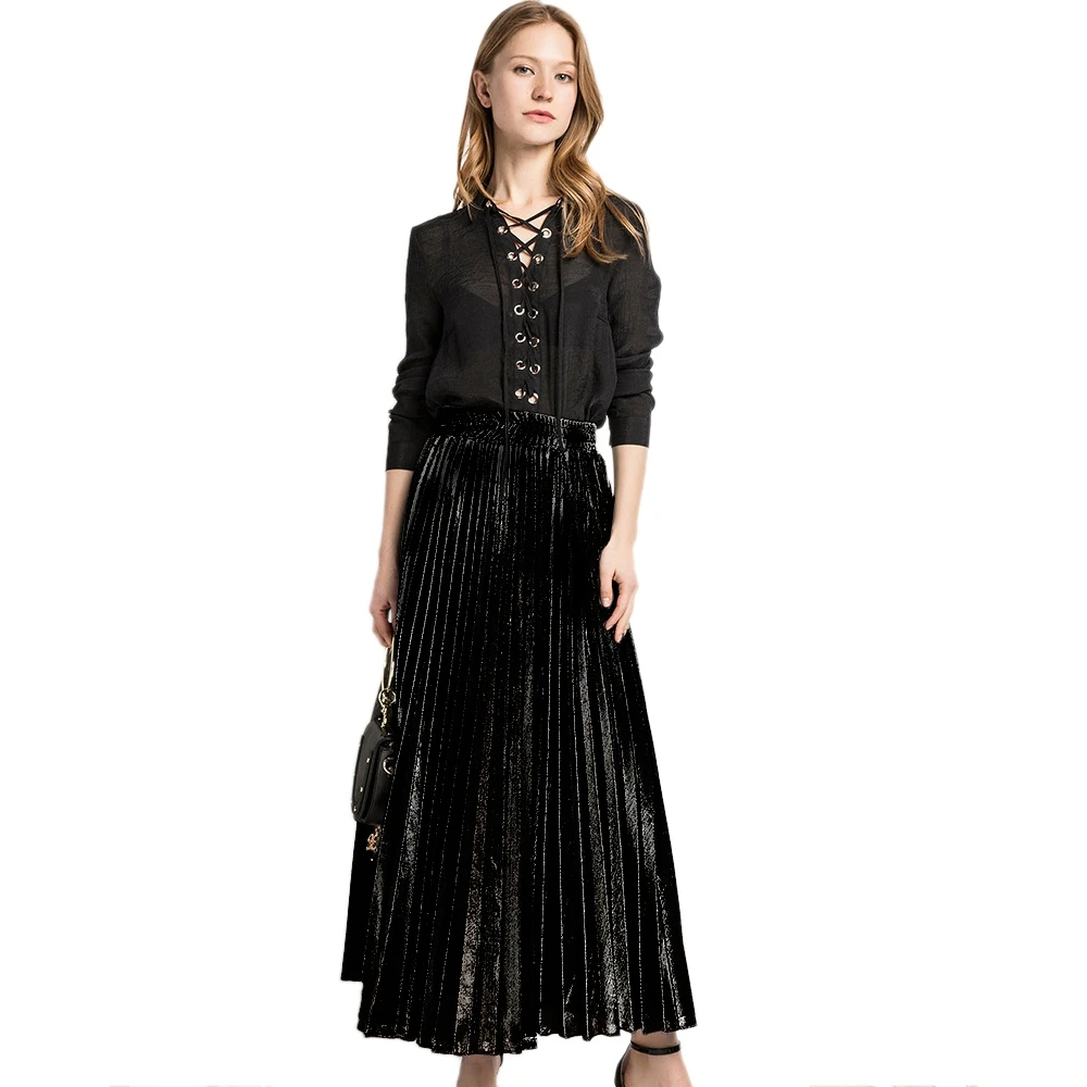 

Women Fashion Suede High Waist Long Striped Elastic Waist Solid Color Casual Vintage Party Pleated Black XXL