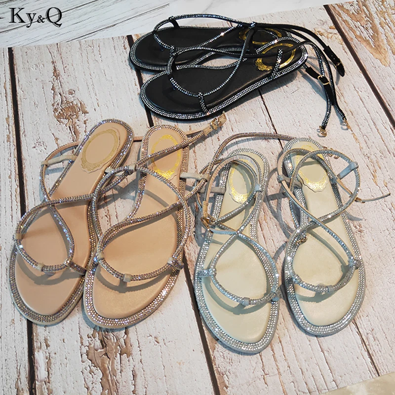 

Summer New 2019 Ladies Trend Fashion Roman Wind Cross Straps Round Comfortable Feet Casual Bottom Rhinestones Wild Flat Sandals