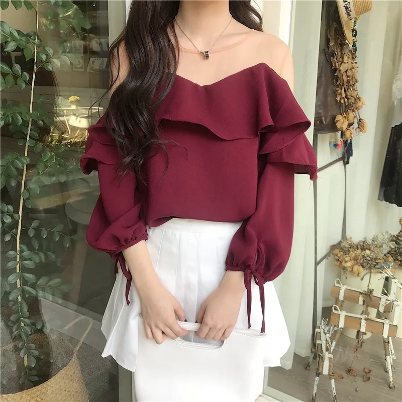 

New Pattern Korean Gauze Split Joint Strapless Chiffon T Shirt Tshirt Woman