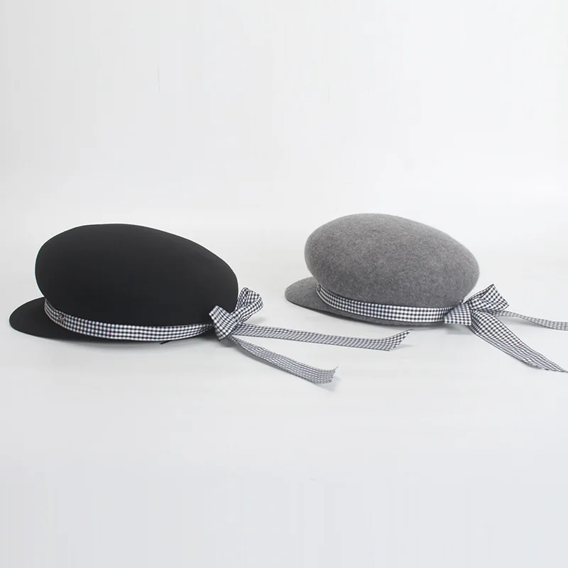 

New Stylish Handsome Women's Ladies Beret Harajuku Cotton Basque Beret Solid Letter Hat With Bowknot Black Hats Brerets