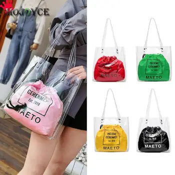 

2pcs/set Fashion High Capacity Transparent Tote Bag Summer Beach Handbags Big Shoulder Bag Women PVC Waterproof Straw bags