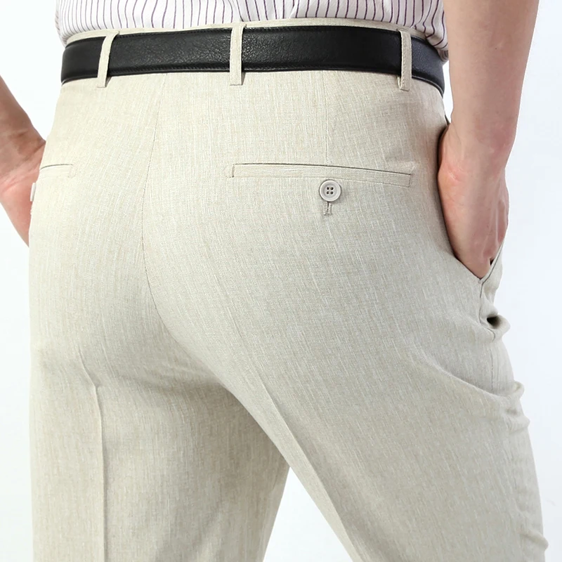 Мужские костюмные брюки Длина тонкий Бизнес летние офисные хаки белье Для мужчин брюки плоским прямые мужские брюки большой размер 40 42 44